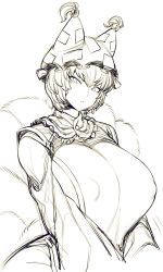 Rule 34 | 1girl, animal hat, breasts, breasts squeezed together, covered erect nipples, fox tail, frilled shirt collar, frills, hat, huge breasts, looking at viewer, mob cap, monochrome, multiple tails, mob cap, short hair, slit pupils, solo, spacezin, tabard, tail, tassel, touhou, tsurime, wide hips, wide sleeves, yakumo ran