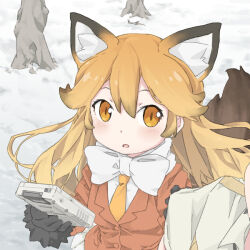 Rule 34 | 1girl, :o, animal ears, black gloves, blush, bow, bowtie, buttons, extra ears, ezo red fox (kemono friends), fox ears, fox girl, game boy, gloves, handheld game console, holding, holding handheld game console, jacket, kemono friends, looking at viewer, necktie, orange eyes, orange hair, orange jacket, orange necktie, outdoors, parted lips, shirt, snow, solo, tree, ueki yuma, upper body, white bow, white bowtie, white shirt, winter