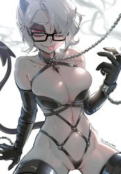 Rule 34 | 1girl, bdsm, black horns, black tail, bondage cuffs, bondage outfit, breasts, chain, chain leash, cigarette, collar, commentary, cuffs, demon girl, demon horns, demon tail, earrings, elbow gloves, glasses, gloves, hair over one eye, harness, helltaker, highres, holding, holding cigarette, horns, jewelry, large breasts, leash, leather, leather gloves, lip piercing, multiple earrings, navel, navel piercing, noah (tettsui-sole), nose piercing, piercing, scar, short hair, slave, smoke, smoking, solo, sweat, symbol-only commentary, tail, tongue, tongue out, tongue piercing, twitter username, viewer holding leash, white background, white hair, zdrada (helltaker)