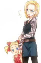 Rule 34 | 2girls, age difference, android 18, bad id, bad pixiv id, blonde hair, blue eyes, blush, bunbun, child, dragon ball, dragonball z, earrings, jewelry, long hair, marron (dragon ball), mother and daughter, multiple girls, open mouth, pantyhose, pencil skirt, short hair, skirt, tsundere, twintails