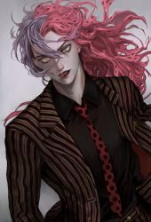Rule 34 | 1boy, black shirt, collared shirt, dark persona, diavolo, formal, freckles, green eyes, highres, jacket, jojo no kimyou na bouken, light persona, lipstick, long hair, looking at viewer, makeup, male focus, neckwear request, personality switch, pink hair, polka dot, polka dot hair, polka dot neckwear, purple lips, shirt, snr gio, suit, vento aureo, vinegar doppio, yellow eyes