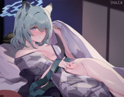 Rule 34 | 1girl, animal ears, aqua hair, aqua nails, architecture, artist name, blanket, blue archive, blue halo, blush, breasts, closed mouth, commentary request, dolechan, east asian architecture, finger in navel, fingernails, futon, grey kimono, halo, indoors, japanese clothes, kimono, korean commentary, looking at viewer, low ponytail, lying, medium breasts, nail polish, navel, night, night sky, nose blush, official alternate costume, official alternate hairstyle, on back, open clothes, open kimono, poking belly, print kimono, purple eyes, shigure (blue archive), shigure (hot spring) (blue archive), short ponytail, shouji, sky, sliding doors, smile, solo, thighs, weasel ears, weasel girl