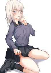 Rule 34 | 10s, 1girl, alternate footwear, ankle boots, black footwear, black skirt, black socks, blue eyes, boots, closed mouth, clothes lift, commentary, cross-laced footwear, dress shirt, full body, girls und panzer, grey shirt, hand to own mouth, highres, itsumi erika, kuromorimine school uniform, lace-up boots, lifting own clothes, long hair, long sleeves, looking at viewer, miniskirt, pleated skirt, saku (saku1151), school uniform, shirt, silver hair, simple background, sitting, skirt, skirt lift, smile, socks, solo, wariza, white background