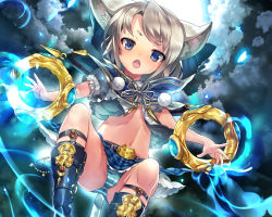 Rule 34 | 1girl, animal ears, blue eyes, blush, buckle, cat ears, fangs, grey hair, looking at viewer, navel, open mouth, original, panties, pantyshot, plaid, plaid skirt, short hair, skirt, solo, striped clothes, striped panties, underwear, upskirt, weapon, yamacchi