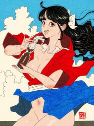 Rule 34 | 1girl, absurdres, black hair, blue skirt, bottle, bow, breasts, brown eyes, cleavage, cloud, cloudy sky, cola, collarbone, cowboy shot, crotch, fine art parody, glass bottle, hair bow, highres, holding, holding bottle, inkan, japanese clothes, japanese text, kimono, long hair, looking at viewer, medium breasts, navel, nihonga, no panties, open clothes, open kimono, original, parody, red shirt, sei5osuzuki, shirt, skirt, sky, thighs, tongue, tongue out, white bow