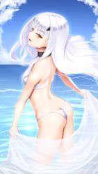 Rule 34 | 1girl, akitsuki karasu, ass, bare arms, bare shoulders, bikini, breasts, butt crack, melusine (fate), fate/grand order, fate (series), from side, highres, in water, looking at viewer, looking to the side, ocean, outdoors, parted lips, see-through, small breasts, solo, standing, swimsuit, wading, water, white bikini, white hair, yellow eyes