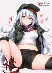 Rule 34 | 1girl, :o, asymmetrical legwear, black shorts, black thighhighs, blush, boots, breasts, brown background, brown eyes, commentary, donedone, flat cap, g11 (girls&#039; frontline), girls&#039; frontline, green hat, green jacket, half-closed eyes, hat, head tilt, heart, jacket, long hair, medium breasts, midriff, navel, open clothes, open jacket, parted lips, red footwear, short shorts, shorts, silver hair, simple background, single thighhigh, solo, thighhighs, uneven legwear, very long hair, watermark, web address