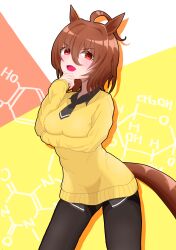 Rule 34 | 1girl, absurdres, agnes tachyon (umamusume), ahoge, animal ears, beautifulinsnow, black necktie, black pantyhose, blush, breasts, brown hair, chemical structure, commentary request, earrings, hand on own chin, highres, horse ears, horse girl, jewelry, long sleeves, looking at viewer, medium breasts, messy hair, necktie, no coat, open mouth, pantyhose, shirt, short hair, simple background, single earring, sitting, solo, stroking own chin, sweater, umamusume, white background, yellow background, yellow sweater