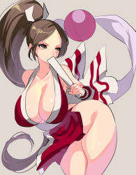 Rule 34 | 1girl, ass, bad id, bad pixiv id, breasts, brown eyes, brown hair, cleavage, collarbone, covering own mouth, curvy, female focus, folded fan, folding fan, grey background, hand fan, high ponytail, hohehohe, huge breasts, large breasts, leaning forward, loincloth, long hair, looking to the side, pelvic curtain, ponytail, shiranui mai, simple background, solo, the king of fighters, thick thighs, thighs, wide hips