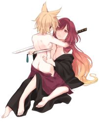 Rule 34 | 2girls, absurdres, ass, bad id, bad twitter id, barefoot, black kimono, blonde hair, blood, breasts, commentary request, from behind, gradient hair, highres, hijiri byakuren, holding, holding sword, holding weapon, japanese clothes, katana, kimono, kneeling, large breasts, long hair, looking at viewer, multicolored hair, multiple girls, off shoulder, parted lips, purple eyes, purple hair, purple skirt, shan, short hair, short sword, simple background, skirt, small breasts, sword, tantou, topless, touhou, toyosatomimi no miko, very long hair, weapon, white background
