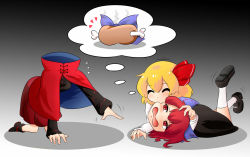 Rule 34 | 2girls, biting, blonde hair, bone, cape, food, hair ribbon, headless, highres, lying, meat, multiple girls, on stomach, red eyes, red hair, ribbon, rumia, searching, sekibanki, short hair, simple background, tears, thought bubble, touhou, wool (miwol)