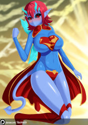 Rule 34 | 1girl, absurdres, black sclera, blue skin, blush, breasts, cleavage, colored sclera, colored skin, cosplay, dc comics, demon girl, demon tail, haarmades, highres, horns, impossible clothes, large breasts, original, pointy ears, red eyes, red hair, single horn, slit pupils, smile, solo, supergirl, tail