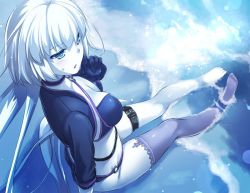 Rule 34 | 1girl, barefoot, bikini, black bikini, black choker, black gloves, black jacket, blue theme, choker, commentary request, cropped jacket, dutch angle, fate/grand order, fate (series), gloves, jacket, jeanne d&#039;arc alter (swimsuit berserker) (fate), jeanne d&#039;arc (fate), jeanne d&#039;arc alter (fate), jeanne d&#039;arc alter (swimsuit berserker) (fate), nakajima yuka, o-ring, outdoors, red thighhighs, shrug (clothing), single thighhigh, sitting, soaking feet, solo, swimsuit, thigh strap, thighhighs