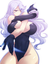 Rule 34 | 1girl, bare shoulders, between breasts, breasts, cleavage, covered navel, curvy, covered erect nipples, haganef, huge breasts, light purple hair, long hair, parted lips, pink eyes, solo, thick thighs, thighs, wide hips