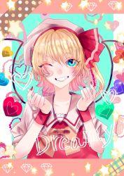 Rule 34 | 1girl, alternate headwear, blonde hair, blue eyes, bow, bowtie, collarbone, collared shirt, english text, flandre scarlet, frilled shirt collar, frills, gojira (user rsfx5445), heart, heart wings, highres, looking at viewer, medium hair, multicolored wings, nail polish, one eye closed, puffy short sleeves, puffy sleeves, red nails, red vest, shirt, short sleeves, side ponytail, smile, solo, teeth, touhou, upper body, vest, white headwear, white shirt, wings, yellow bow, yellow bowtie