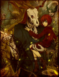 Rule 34 | 1boy, 1girl, brown footwear, brown skirt, carrying, demon boy, elias ainsworth, fairy, formal, gloves, glowing, glowing eyes, green eyes, hatori chise, horns, long sleeves, mahou tsukai no yome, open mouth, otoha hika, pleated skirt, red eyes, red hair, red shirt, shirt, size difference, skirt, skull, socks, suit, thorns, white gloves, white socks