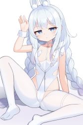 Rule 34 | + +, 1girl, animal ear fluff, animal ears, arm up, azur lane, banned artist, bare shoulders, blue eyes, braid, choker, closed mouth, commentary request, fake animal ears, ginka (gink a), grey hairband, hairband, highres, le malin (azur lane), le malin (listless lapin) (azur lane), leotard, looking at viewer, low twintails, no shoes, o-ring, o-ring choker, official alternate costume, rabbit ears, silver hair, soles, solo, twin braids, twintails, white background, white choker, white leotard, wrist cuffs