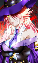 Rule 34 | 1girl, bad id, bad pixiv id, blazblue, blazblue phase 0, breasts, crossed arms, dress, female focus, gradient background, hair over one eye, hat, highres, konoe a. mercury, large breasts, long hair, magic circle, necktie, off-shoulder dress, off shoulder, parted lips, pink hair, solo, witch hat, yellow eyes, yuruyuru