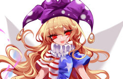 Rule 34 | 1girl, :d, american flag dress, blonde hair, blue dress, breasts, chinese commentary, clownpiece, commentary request, dress, eyelashes, fairy wings, fangs, hair between eyes, hat, head tilt, jester cap, long hair, looking at viewer, neck ruff, open mouth, polka dot headwear, purple hat, red dress, red eyes, sheya, short sleeves, simple background, small breasts, smile, solo, star (symbol), star print, striped clothes, striped dress, touhou, upper body, very long hair, wavy hair, white background, white dress, wings