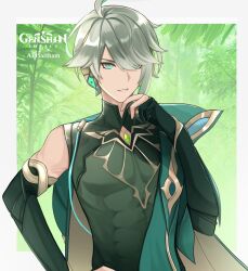 Rule 34 | 1boy, absurdres, ahoge, alhaitham (genshin impact), bishounen, caether, cape, character name, earrings, genshin impact, grey hair, highres, jewelry, logo, male focus, parted lips, shirt, solo, tight clothes, tight shirt, upper body