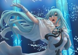 Rule 34 | 1girl, absurdres, ahoge, aqua eyes, aqua hair, arm up, dress, gloves, hand on own chest, highres, long hair, music, open mouth, outstretched arm, siki10ga, singing, solo, vivy, vivy: fluorite eye&#039;s song, white dress, white gloves