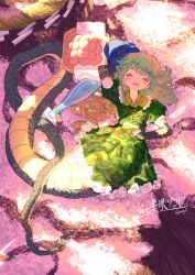 Rule 34 | 1girl, artist name, blue hat, bottle, camouflage, camouflage headwear, camouflage shirt, camouflage skirt, closed eyes, commission, drooling, food, green hair, green shirt, green skirt, hat, highres, kajatony, lamia, long hair, monster girl, open mouth, puffy short sleeves, puffy sleeves, rope, shimenawa, shirt, short sleeves, signature, skeb commission, skirt, sleeping, solo, touhou, yamashiro takane