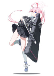 1girl absurdres ahoge black_gloves blue_archive blue_eyes blue_footwear commentary_request cross-laced_footwear fang fighting_stance fingerless_gloves floating_hair full_body gloves gun hair_between_eyes halo heterochromia highres holding holding_gun holding_shield holding_weapon hoshino_(armed)_(blue_archive) hoshino_(blue_archive) huge_ahoge index_finger_raised kneehighs long_hair looking_at_viewer miniskirt muu3_illust official_alternate_costume official_alternate_hairstyle orange_eyes parted_lips pink_hair pink_halo plaid_clothes plaid_skirt pleated_skirt ponytail school_uniform shield shoes simple_background skin_fang skirt smile sneakers socks solo standing standing_on_one_leg v-shaped_eyebrows very_long_hair weapon white_background white_socks