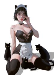 Rule 34 | 1girl, absurdres, animal, animal ears, apron, black-framed eyewear, black cat, black hair, black nails, black shirt, black shorts, black thighhighs, breasts, cat, cat ears, choker, claw pose, commentary request, fake animal ears, fingernails, glasses, grey eyes, hand up, highres, jwhs10, korean commentary, large breasts, long fingernails, looking at viewer, maid, maid headdress, no shoes, original, parted lips, red lips, round eyewear, shadow, shirt, short hair, shorts, simple background, sitting, solo, star (symbol), star tattoo, tattoo, teeth, thighhighs, waist apron, wariza, white apron, white background