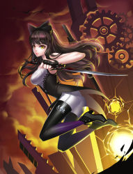 Rule 34 | 123cuiyang, 1girl, ankle boots, artist request, black footwear, black hair, blake belladonna, boots, bow, cloud, corset, fingerless gloves, gloves, hair bow, high heel boots, high heels, highres, knife, pantyhose under shorts, pantyhose, rwby, shorts, solo