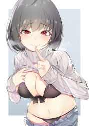 Rule 34 | 1girl, absurdres, bikini, bikini under clothes, black bikini, black hair, blue pants, blush, breasts, cleavage, closed mouth, clothes lift, commentary request, finger to mouth, front-tie bikini top, front-tie top, grey sweater, groin, hand up, heart, heart-shaped pupils, highres, index finger raised, large breasts, lifted by self, long sleeves, looking at viewer, nanase akira (ekmm4442), navel, original, pants, red eyes, ribbed sweater, shirt lift, short hair, shushing, smile, solo, stomach, striped bikini, striped clothes, sweater, swimsuit, symbol-shaped pupils, turtleneck, turtleneck sweater