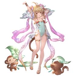 Rule 34 | 1girl, alpha transparency, andira (granblue fantasy), animal ears, armpits, arms up, bare shoulders, blonde hair, blush, breasts, collarbone, detached sleeves, double bun, erune, flower, full body, granblue fantasy, hair bun, hair flower, hair ornament, minaba hideo, monkey, monkey ears, monkey tail, official art, one-piece swimsuit, open mouth, red eyes, sandals, short hair, small breasts, swimsuit, tail, thighlet, transparent background, two side up