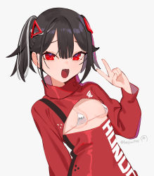 Rule 34 | 1girl, absurdres, beijuu, beni-chan (beijuu), bikini, black hair, breast cutout, breasts, fang, hair between eyes, hair ornament, highres, long sleeves, looking at viewer, multicolored hair, open mouth, original, red eyes, simple background, skin fang, small breasts, solo, swimsuit, two-tone hair, upper body, v, white background, white bikini, white hair