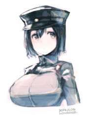 Rule 34 | 10s, 1girl, absurdres, akitsu maru (kancolle), artist name, backpack, bag, black eyes, black hair, breasts, dated, hat, highres, kantai collection, large breasts, long sleeves, looking away, military, military uniform, peaked cap, randoseru, rondo bell, short hair, simple background, solo, uniform, upper body, white background