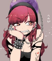 Rule 34 | 1girl, arm tattoo, bare shoulders, belt, black belt, black choker, black shirt, bracelet, breasts, chain, choker, cleavage, clenched teeth, collarbone, commentary request, ear piercing, freckles, grey background, hand up, head rest, hecatia lapislazuli, highres, jewelry, long hair, looking to the side, mashuu masaki, medium breasts, off-shoulder shirt, off shoulder, piercing, red eyes, red hair, ring, shirt, short sleeves, simple background, solo, spiked bracelet, spikes, star (symbol), tattoo, teeth, torn clothes, torn sleeves, touhou, translation request, upper body, wrist belt