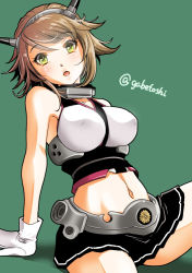 Rule 34 | 10s, 1girl, arm support, bare shoulders, blush, breasts, brown hair, clothes between thighs, female focus, gloves, green background, green eyes, kantai collection, large breasts, looking at viewer, midriff, mutsu (kancolle), navel, open mouth, sitting, skirt, sogabe toshinori, solo, twitter username, white gloves