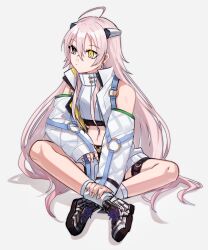 Rule 34 | 1girl, aoki shizumi, closed mouth, d4dj, grey eyes, hair between eyes, heterochromia, highres, ichihoshi lumina, indian style, long hair, open clothes, pink hair, sitting, sleeves past wrists, solo, very long hair, white background, yellow eyes