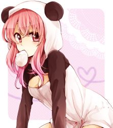 Rule 34 | 10s, 1girl, alternate hairstyle, animal costume, arm support, bad id, bad pixiv id, baozi, breasts, cleavage, food, heart, inu x boku ss, looking at viewer, mouth hold, noki (potekoro), panda costume, pink eyes, pink hair, roromiya karuta, solo, square enix