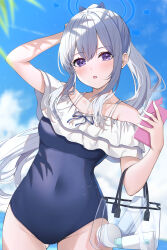 Rule 34 | 1girl, absurdres, bare legs, bare shoulders, blue archive, blue halo, blue one-piece swimsuit, blush, breasts, collarbone, covered navel, cowboy shot, day, frilled one-piece swimsuit, frills, grey hair, hair between eyes, halo, highres, long hair, medium breasts, miyako (blue archive), miyako (swimsuit) (blue archive), official alternate costume, one-piece swimsuit, open mouth, outdoors, ponytail, primamiya, purple eyes, solo, swimsuit