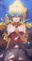 Rule 34 | 1girl, absurdres, ahoge, arm behind back, blonde hair, blue eyes, blue hair, blue sky, cloud, cross-shaped pupils, gradient sky, hand up, highres, jewelry, looking at viewer, multicolored hair, neck ring, necktie, nia teppelin, parted lips, pink shirt, pleated skirt, red necktie, shirt, skirt, sky, sleeveless, sleeveless shirt, smile, solo, sunset, swkl:d, symbol-shaped pupils, tengen toppa gurren lagann, two-tone hair, wavy hair, white skirt