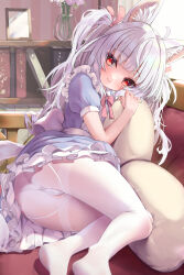 Rule 34 | 1girl, absurdres, animal ear fluff, animal ears, ass, blue dress, blush, book, bookshelf, clothes lift, couch, dress, dress lift, feet, fox ears, fox girl, fox tail, highres, indoors, kneepits, legs, long hair, looking at viewer, lying, no shoes, nyahu (nyahu 77), on side, original, panties, panties under pantyhose, pantyhose, pillow, red eyes, short sleeves, smile, soles, solo, tail, thighband pantyhose, thighs, twintails, underwear, white hair, white panties, white pantyhose