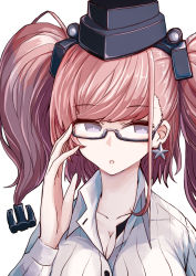 Rule 34 | 1girl, atlanta (kancolle), bad id, bad pixiv id, bespectacled, black-framed eyewear, black hat, blue eyes, boushi-ya, brown hair, buttons, earrings, garrison cap, glasses, hat, jewelry, kantai collection, long hair, long sleeves, open mouth, shirt, simple background, solo, star (symbol), star earrings, twintails, two side up, white background, white shirt