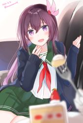 Rule 34 | 1girl, blue jacket, blurry, brown hair, cake, cake slice, couch, cowboy shot, crescent, crescent pin, dated, depth of field, food, fork, fruit, green sailor collar, green skirt, highres, jacket, kantai collection, kisaragi (kancolle), kisaragi kai ni (kancolle), long hair, looking at viewer, neckerchief, one-hour drawing challenge, purple eyes, red neckerchief, sailor collar, school uniform, serafuku, simple background, skirt, smile, solo, strawberry, strawberry shortcake, twitter username, white background, yunamaro