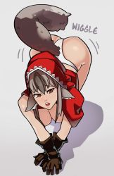 Rule 34 | 1girl, all fours, animal ears, ass, ass shake, breasts, brown eyes, cleavage, cloak, fire emblem, fire emblem fates, gloves, grey hair, highres, hood, hooded cloak, kneeling, multicolored hair, nintendo, panties, simple background, solo, splashbrush, tail, two-tone hair, underwear, velouria (fire emblem), white panties, wolf ears, wolf tail