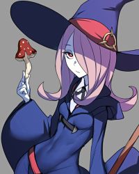 Rule 34 | 10s, 1girl, absurdres, ban! (bansankan), breasts, covered navel, grey background, hair over one eye, hat, highres, hood, little witch academia, long hair, looking at viewer, mushroom, pale skin, purple hair, red eyes, robe, simple background, small breasts, solo, sucy manbavaran, witch, witch hat