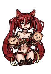 Rule 34 | 10s, 1girl, absurdres, animal ears, bare shoulders, breasts, cerberus (shingeki no bahamut), cleavage, female focus, highres, long hair, long twintails, looking at viewer, navel, red hair, shingeki no bahamut, simple background, sleeveless, solo, thighhighs, twintails, upper body, very long hair, white background, zanamaoria