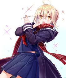 Rule 34 | &gt;:o, 1girl, :o, ahoge, artoria pendragon (all), artoria pendragon (fate), bespectacled, between fingers, blonde hair, blue shirt, blue skirt, blush, brown-framed eyewear, commentary request, cowboy shot, drawstring, fate/grand order, fate/stay night, fate (series), food, glasses, gradient background, holding, holding food, hood, hood down, hooded jacket, jacket, looking at viewer, mysterious heroine x alter (fate), mysterious heroine x alter (first ascension) (fate), neckerchief, open clothes, open jacket, open mouth, plaid, plaid scarf, pleated skirt, pocky, purple jacket, red neckerchief, red scarf, saber (fate), scarf, school uniform, semi-rimless eyewear, serafuku, shirt, short hair, skirt, solo, sparkle, standing, under-rim eyewear, v-shaped eyebrows, yellow eyes, yuya (night lily)