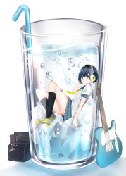 Rule 34 | 1girl, amplifier, bendy straw, black socks, blouse, blue eyes, blue hair, blue sailor collar, blue skirt, blush, closed mouth, commentary request, cup, drinking glass, drinking straw, electric guitar, guitar, headphones, highres, ice, ice cube, in container, instrument, kneehighs, necktie, neku (neku draw), original, oversized object, pleated skirt, puffy short sleeves, puffy sleeves, sailor collar, school uniform, serafuku, shirt, shoes, short hair, short sleeves, skirt, sneakers, socks, solo, submerged, water, white shirt, yellow footwear, yellow necktie