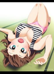 Rule 34 | 1girl, :o, amano megumi, amano megumi wa suki darake!, blue eyes, blurry, breasts, cleavage, covered erect nipples, depth of field, gaston18, highres, large breasts, letterboxed, lying, on back, open mouth, panties, pink panties, shirt, solo, striped clothes, striped shirt, thighs, underwear