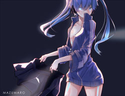 Rule 34 | 1girl, black background, blue eyes, blue hair, blue outerwear, bottomless, covered mouth, dark background, enomoto takane, female focus, headphones, holding, holding clothes, jacket, kagerou project, long hair, long sleeves, mazumaro, no bra, pleated skirt, skirt, solo, standing, track jacket, twintails, undressing, unzipped, zipper