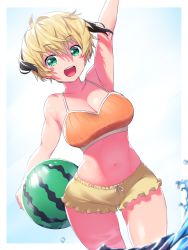 Rule 34 | 1girl, arm up, ball, bare shoulders, beachball, bikini, blonde hair, blush, breasts, cleavage, collarbone, fate/grand order, fate (series), gareth (fate), green eyes, hair flaps, highres, large breasts, looking at viewer, navel, onsoku inu, open mouth, orange bikini, short hair, short shorts, shorts, smile, solo, swimsuit, thighs, wading, watermelon beachball, yellow shorts